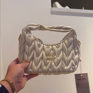 Miu Miu Style Cream Quilted Shoulder Bag with Chevron Pattern
